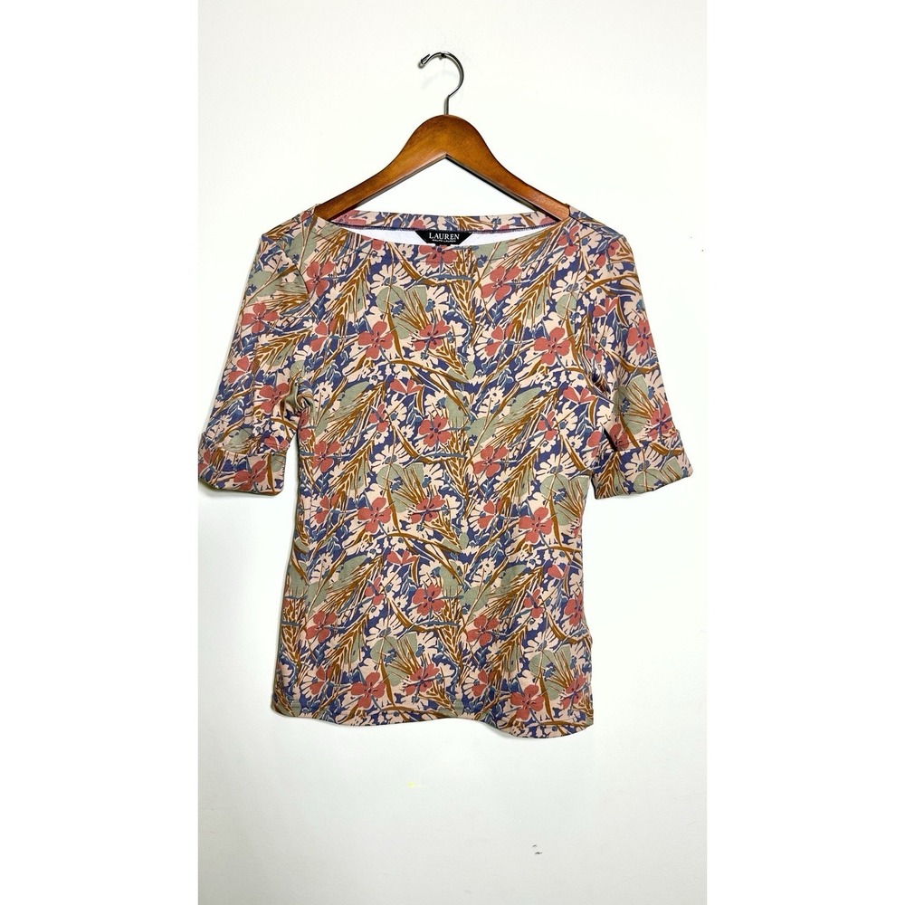 Lauren Ralph Lauren PM Petite M Floral Boatneck Knit Shirt Short Sleeve Cotton